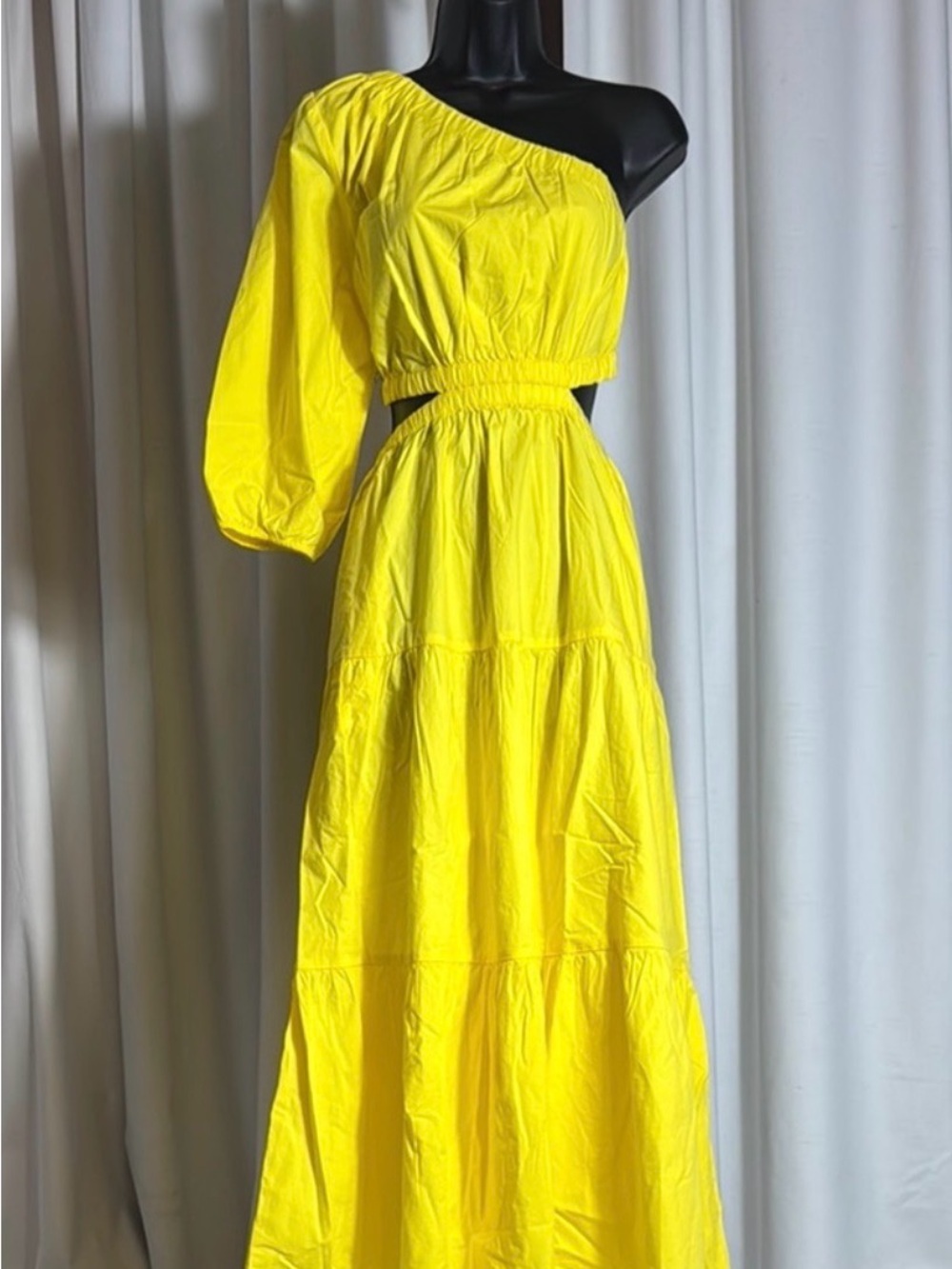 One-Shoulder Yellow Maxi Dress with Elastic Waist